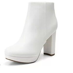 Dream Pairs Womens Size 11 White Faux Leather Chunky 4" Heel Ankle Boot Side Zip